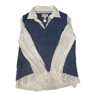 Preppy Office Alfred Dunner Blouse With Sweater Vest, White/blue, 100%cotton
